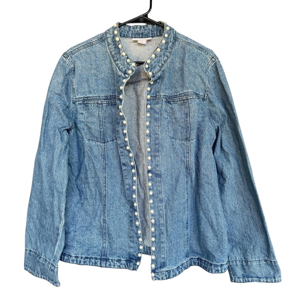 Serengeti Jacket Womens XL Blue Denim Pearl Beaded Open Front Mandarin Collar